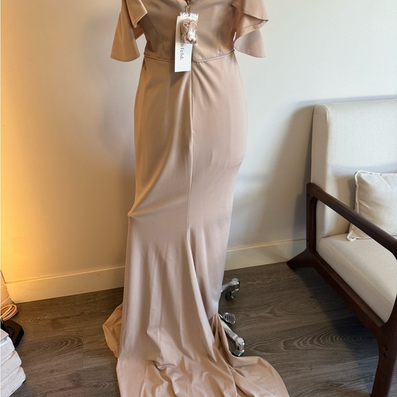 Kleinfeld off shoulder formal dress in dusty beige, neutral color - Picture 13 of 14